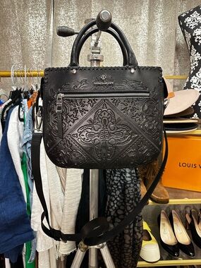 Nanette Lepore Tooled Genuine Leather Satchel Handbag w/ Crossbody Strap